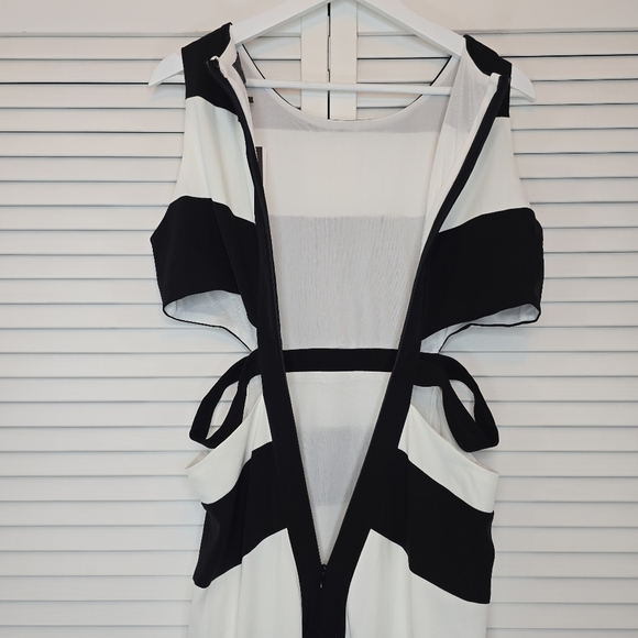GRACIA Cutout Maxi Dress Bold Stripe Hi-Low Hem B&W Sz Large Gown Mod Minimalist - Picture 6 of 16